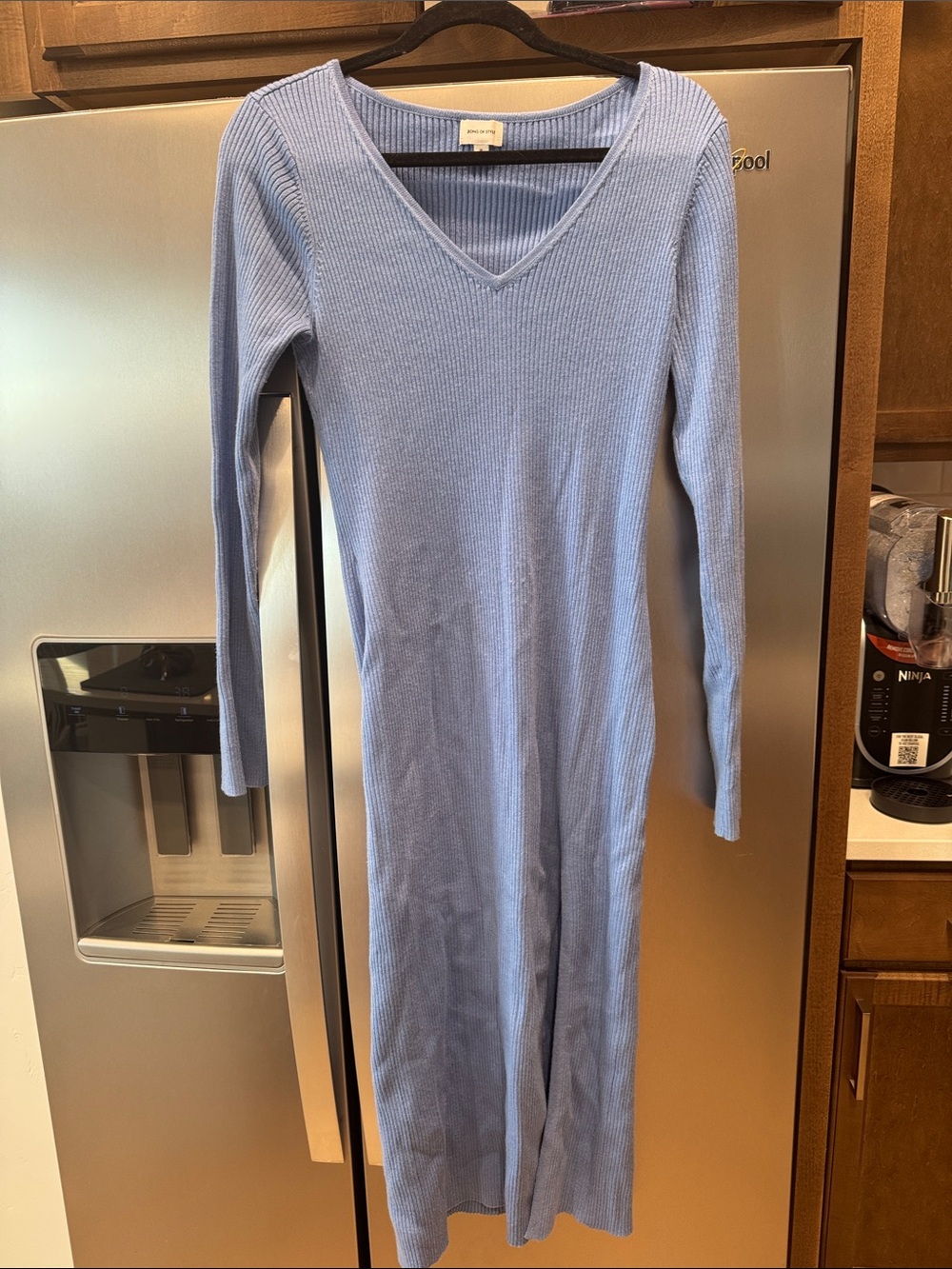 Song of Style Ribbed V-Neck Long Sleeve Dress - Light Blue